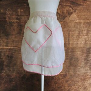 Vintage Short Sheer Apron White and Pink Polka Dots Hostess Pocket